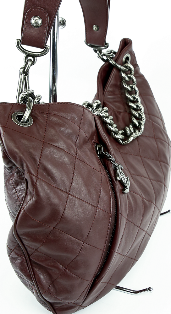 side zip view of Chanel Coco Pleats Burgundy Leather Hobo Bag