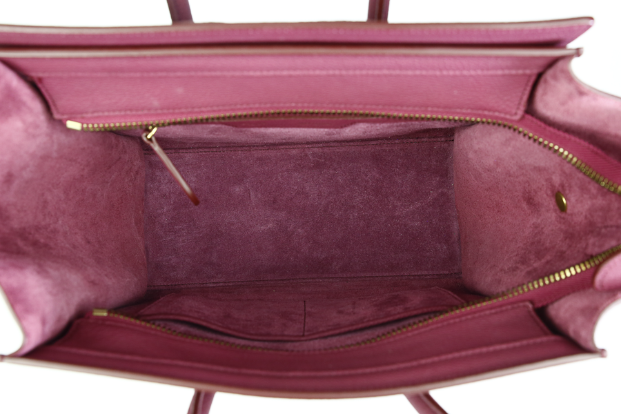 Interior view of Celine Berry Baby Drummed Clafksin Leather Micro Luggage