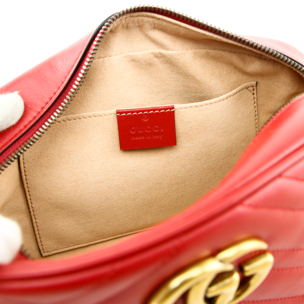 interior view of Gucci Red Leather GG Marmont Small Matelasse Shoulder Bag