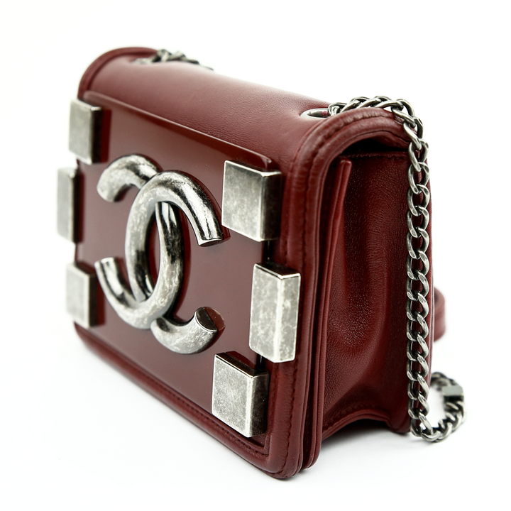 side view of Chanel Burgundy Boy Brick Flap Bag