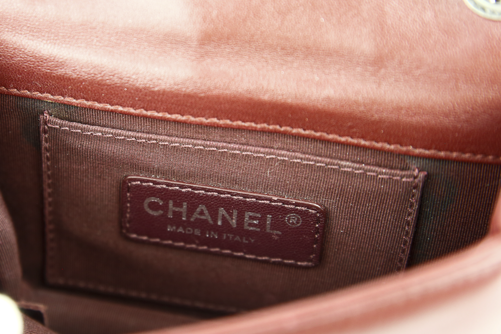 interior view of Chanel Burgundy Boy Brick Flap Bag
