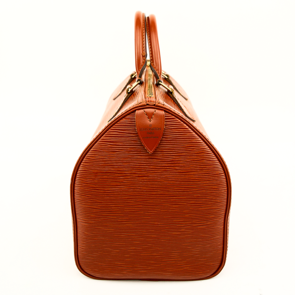 side view of Louis Vuitton Kenyan Fawn Brown Epi Speedy 30 Handle Bag