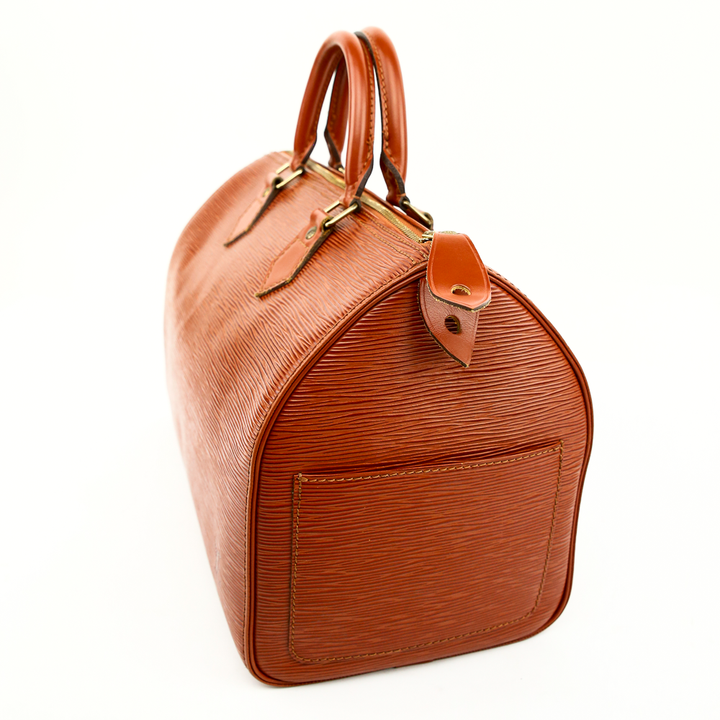 side view of Louis Vuitton Kenyan Fawn Brown Epi Speedy 30 Handle Bag