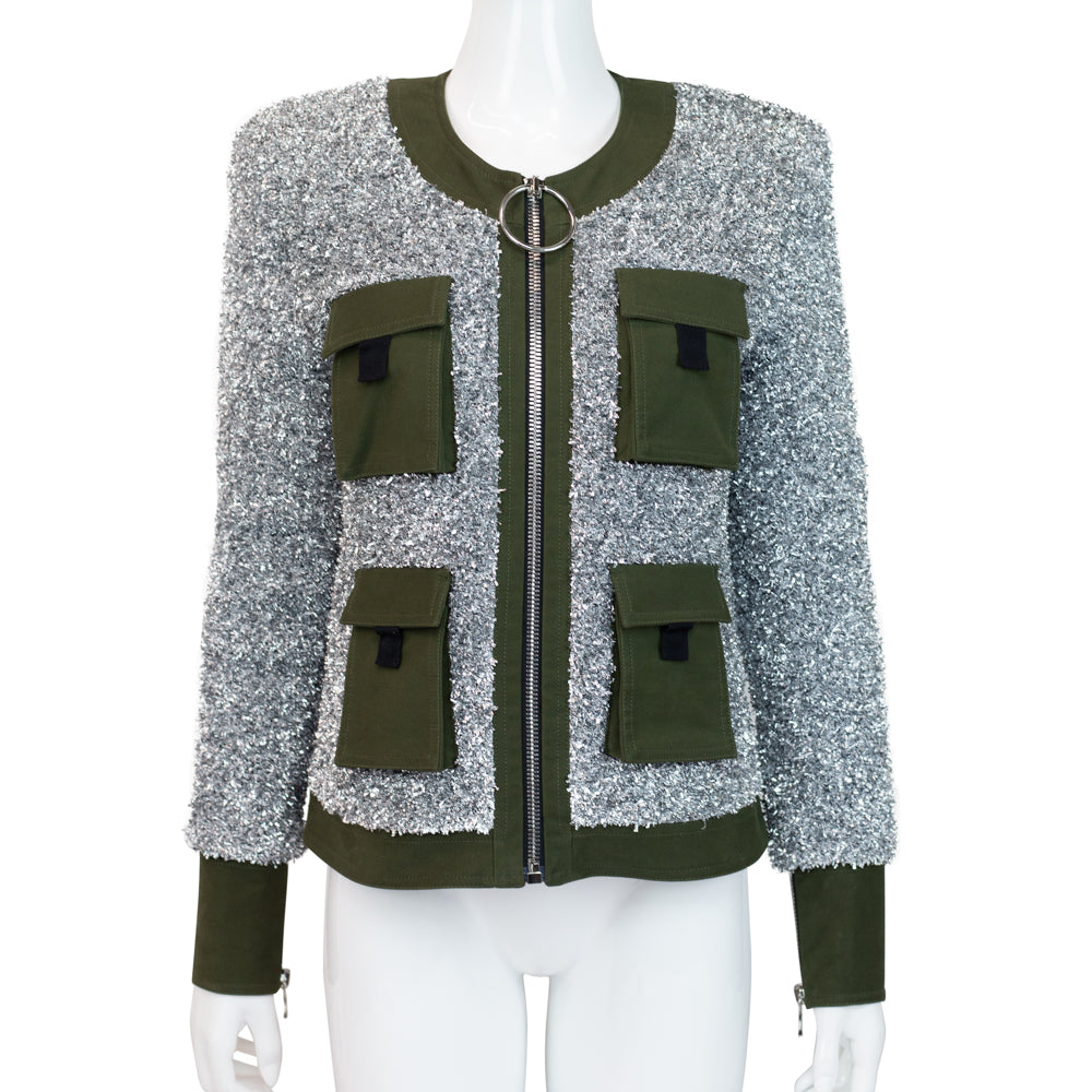 Balmain Silver & Khaki Zipped Tweed Jacket