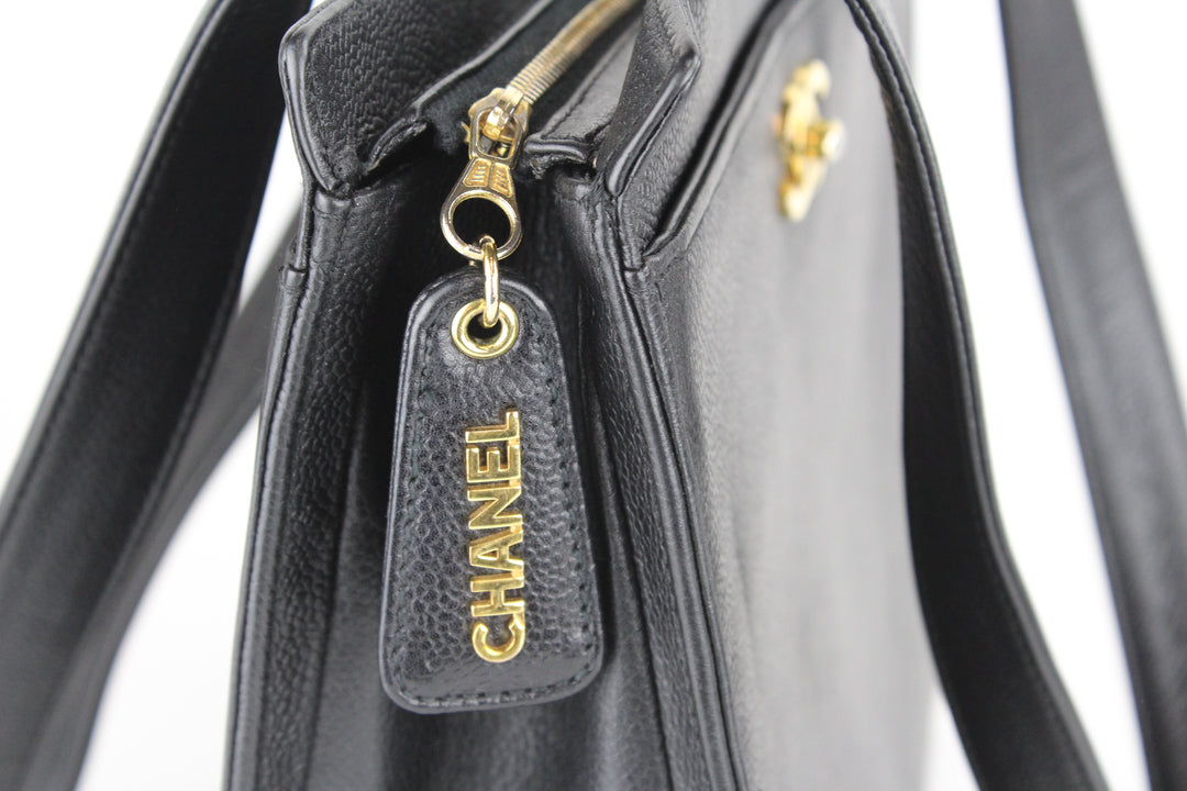 Zipper View of Chanel Vintage Black Caviar Leather Tote Bag 97'-99'