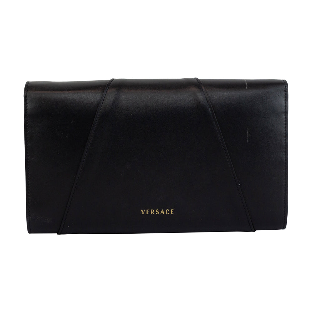 Versace Virtus Black Leather Crystal Clutch