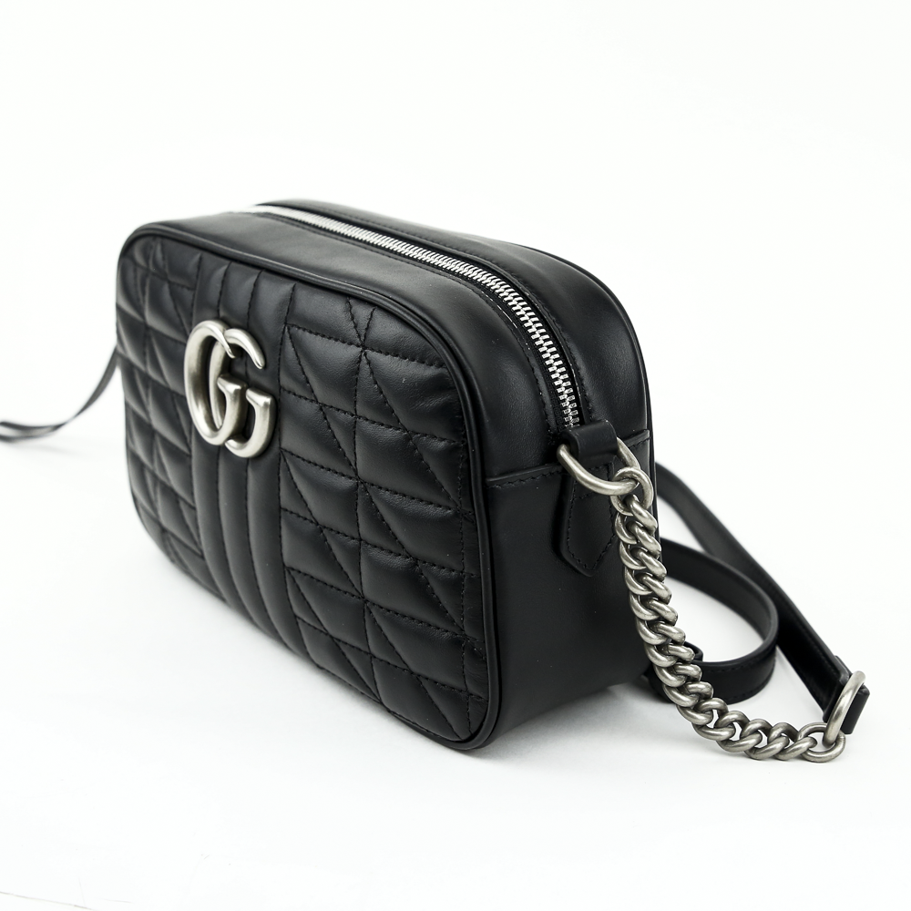 side view of Gucci Black GG Aria Marmont Leather Crossbody Bag