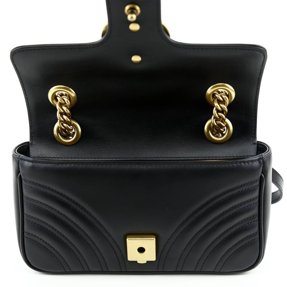 interior flap view of Gucci Black GG Marmont Mini Matelasse Shoulder Bag