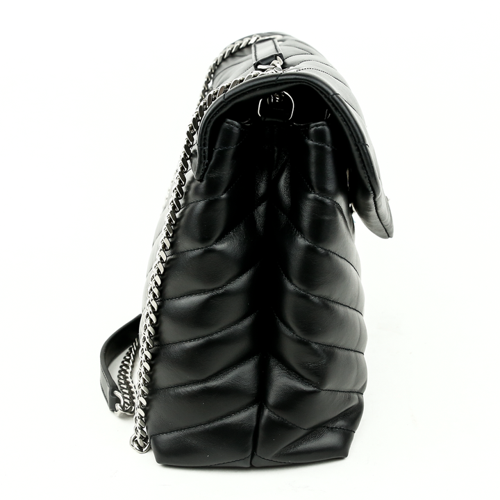 side view of Saint Laurent LouLou Medium Bag in Black Matelassé Y Leather