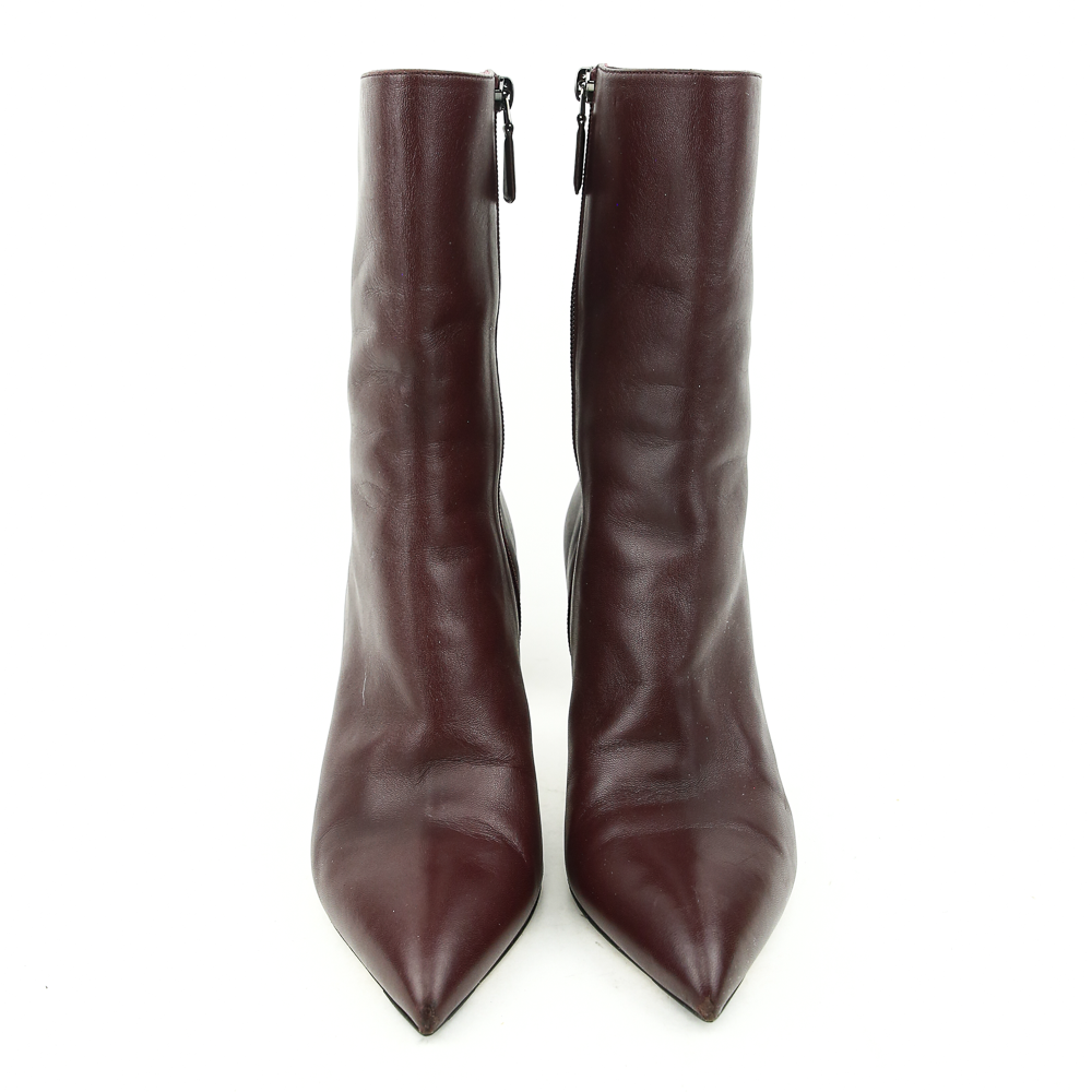 front view of Chanel Burgundy Leather Runway Pearl Boots