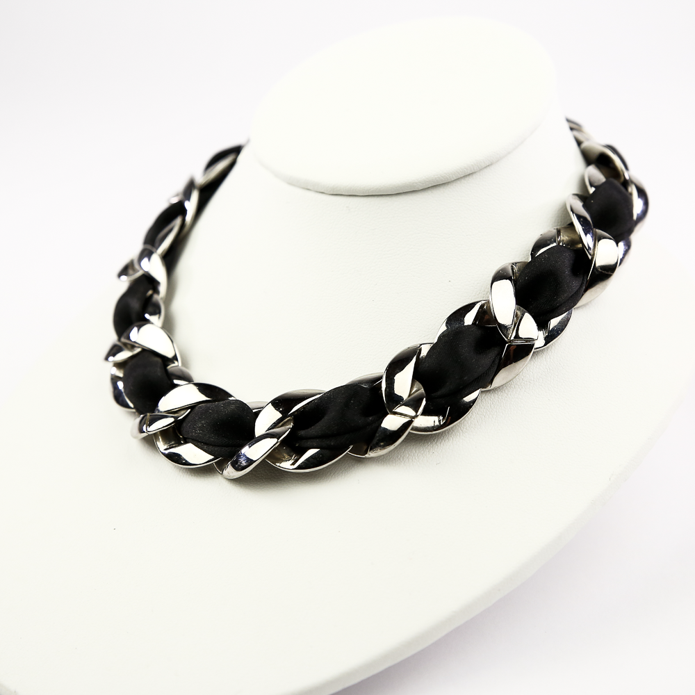 Side view of Chanel Curb Chain Silver & Peau De Soie Choker Necklace