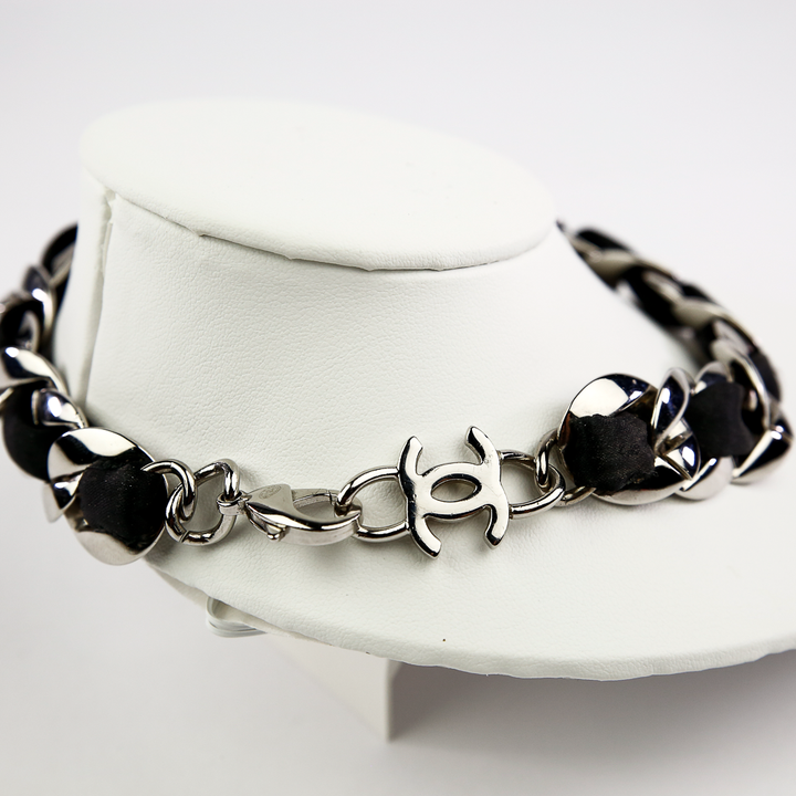 CC view of Chanel Curb Chain Silver & Peau De Soie Choker Necklace