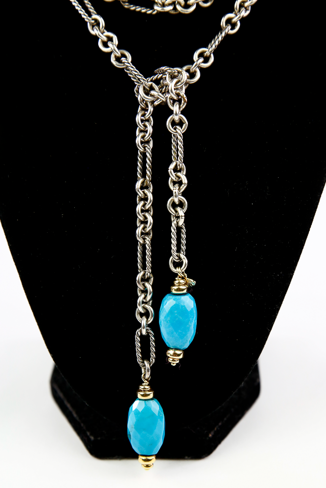 David Yurman Sterling Silver, Turquoise & 18K Lariat Necklace