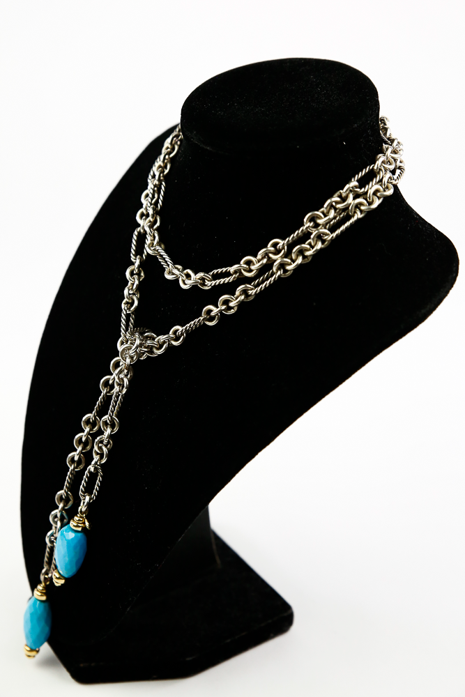 Side view of David Yurman Sterling Silver, Turquoise & 18K Lariat Necklace