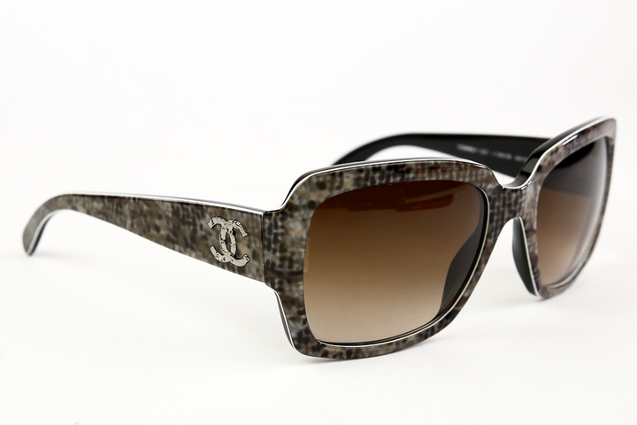 Side view of Chanel Gray Square Tweed Print Sunglasses