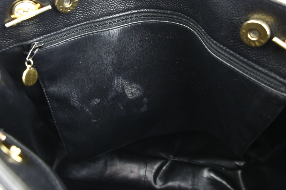 Interior view of Chanel Black Caviar Leather Triple CC Vintage Shoulder Bag