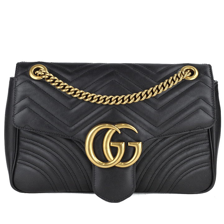 Front View of Gucci Black Leather GG Marmont Medium Matelassé Shoulder Bag