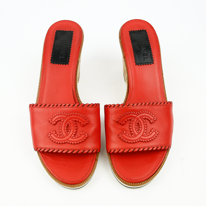top view of Chanel Red Leather CC Cork Wedge Slides