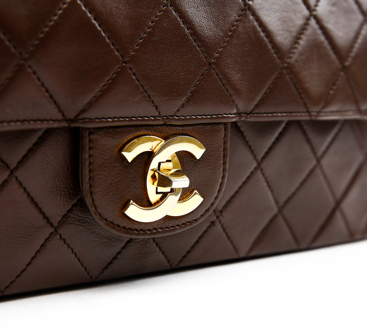 turnlock view of Chanel Chocolate Brown Vintage Medium Double Flap Bag