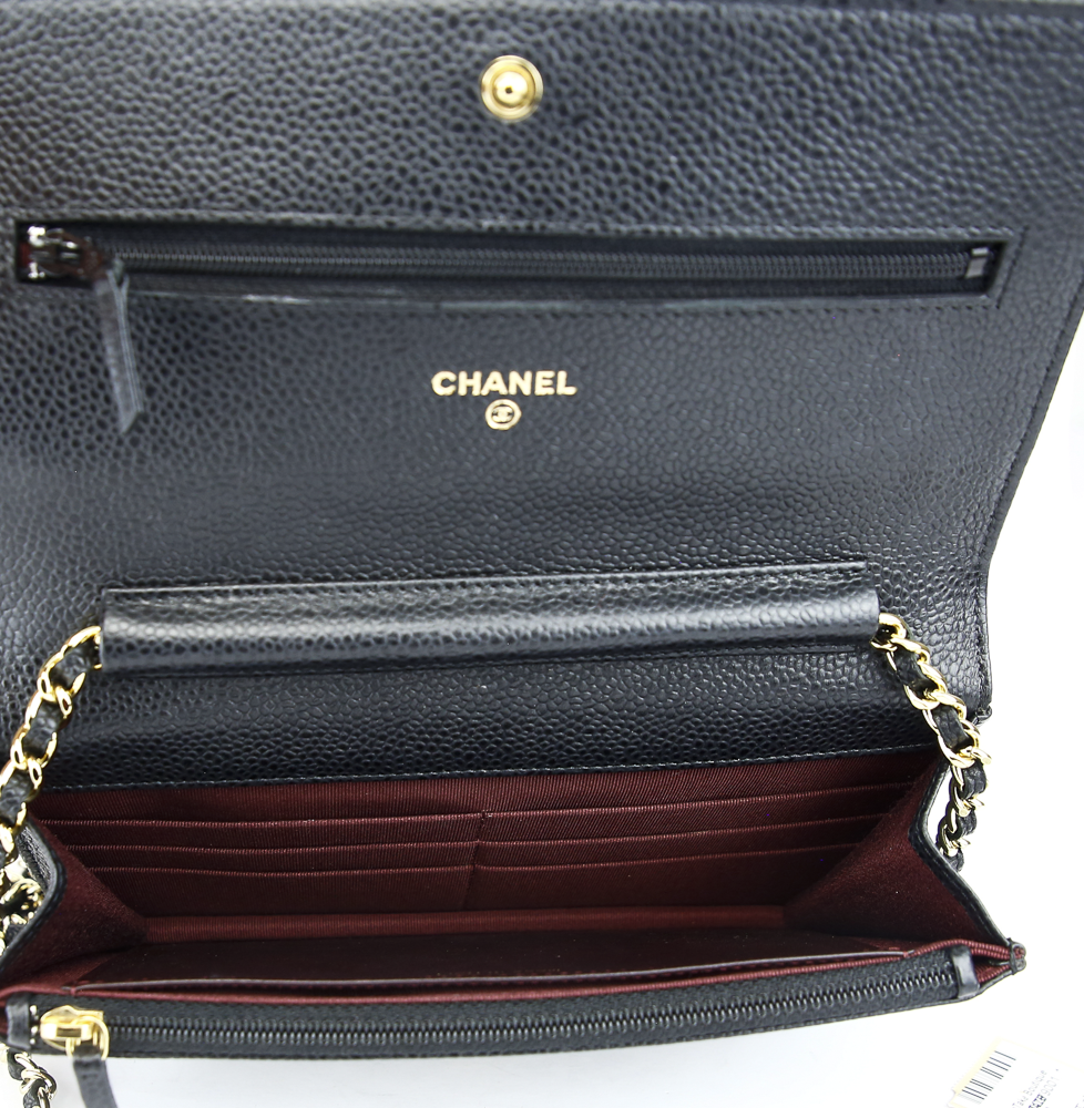 interior view of Chanel Black Quilted Caviar Leather Wallet on Chain