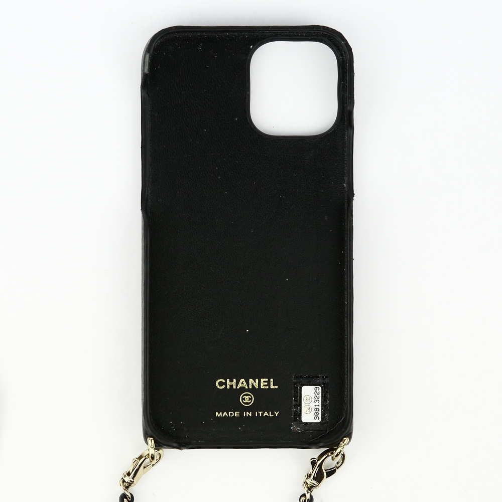 Chanel Black Quilted Lambskin Leather iPhone Holder With Chain