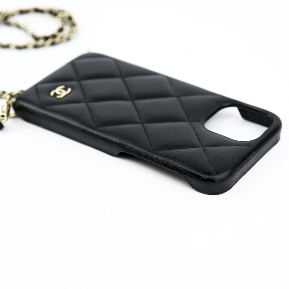 Chanel Black Quilted Leather Phone Case With Camellia Chain Chanel Black Quilted Leather Phone Case With Camellia Chain