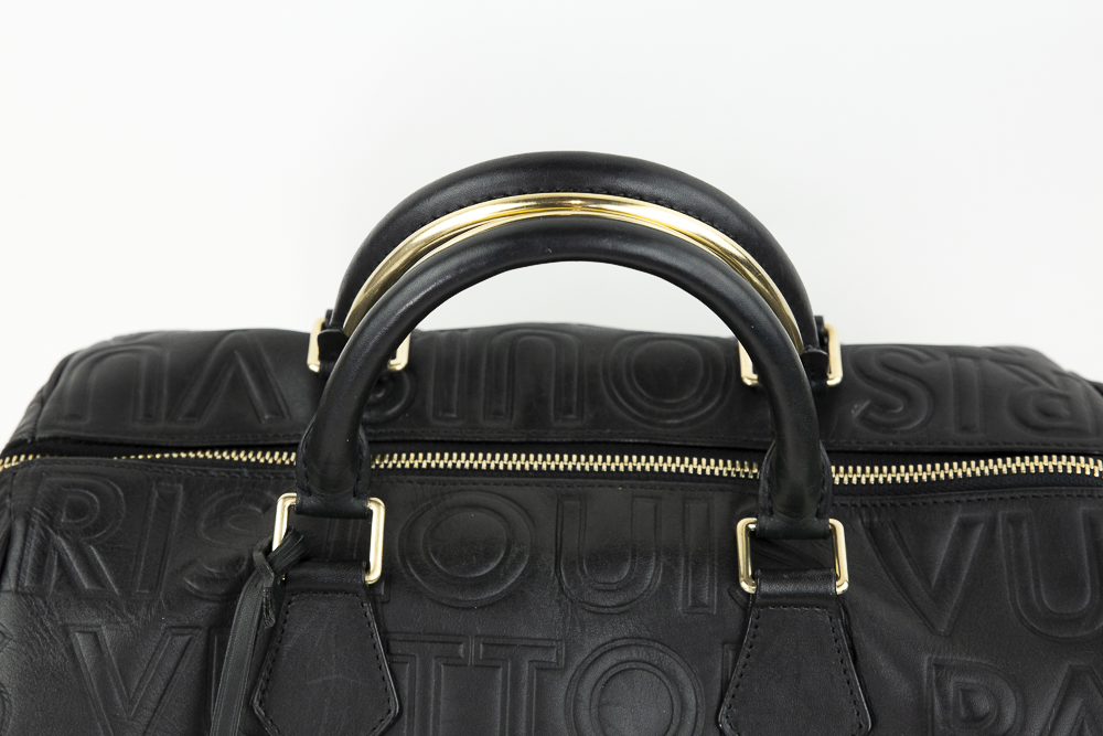Handle view of Louis Vuitton Speedy Cube 30 Black Calfskin Embossed Leather Satchel