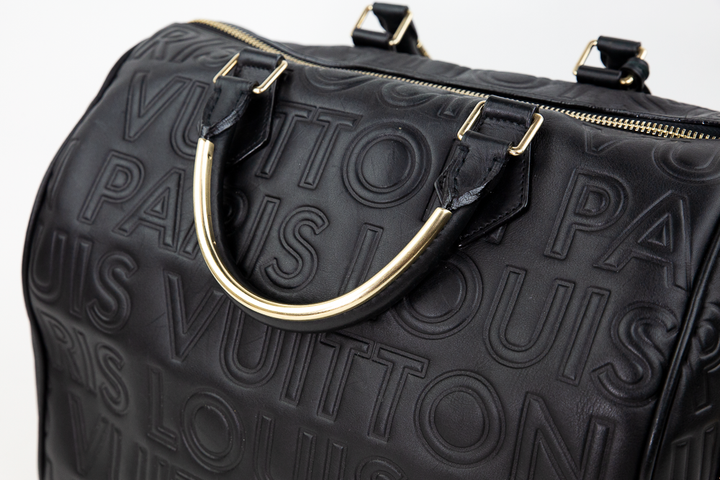 Handle view of Louis Vuitton Speedy Cube 30 Black Calfskin Embossed Leather Satchel