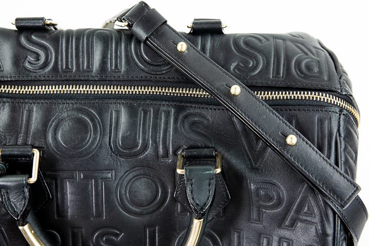 Strap view of Louis Vuitton Speedy Cube 30 Black Calfskin Embossed Leather Satchel