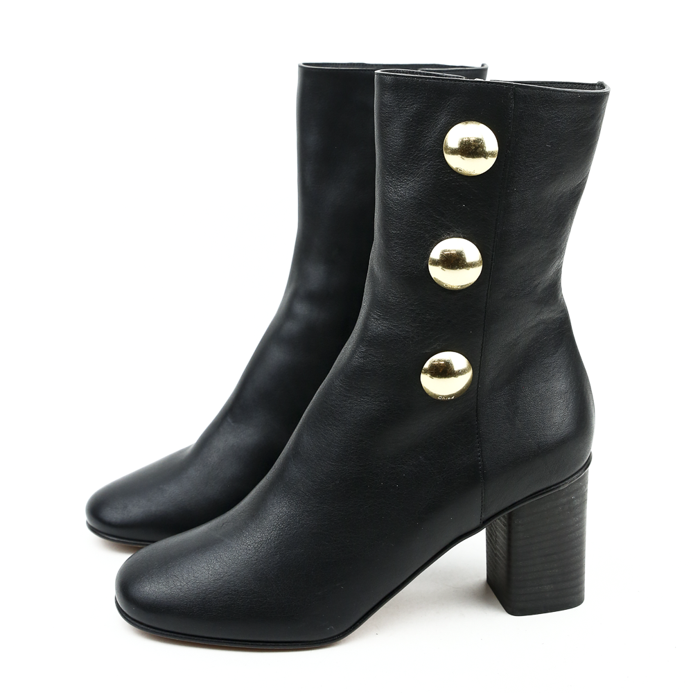 side view of Chloe Black Leather Orlando Button Boots