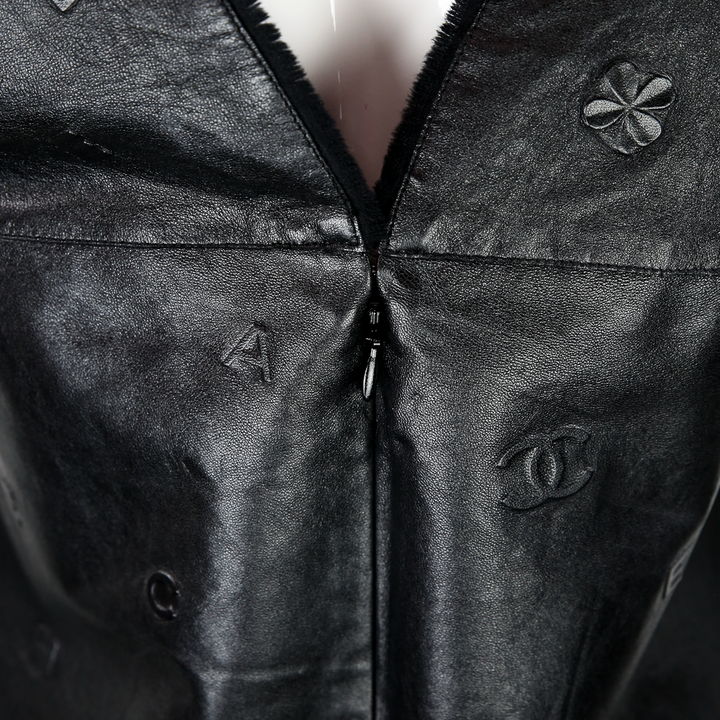 zip view of Chanel Black Lambskin Leather Cap Sleeve Midi Dress