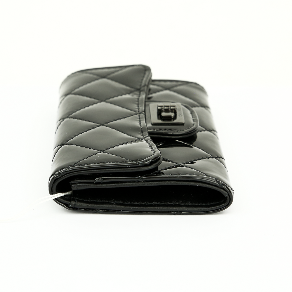 Side view of Chanel 2.55 Reissue Quilted Black Patent Leather Card Holder