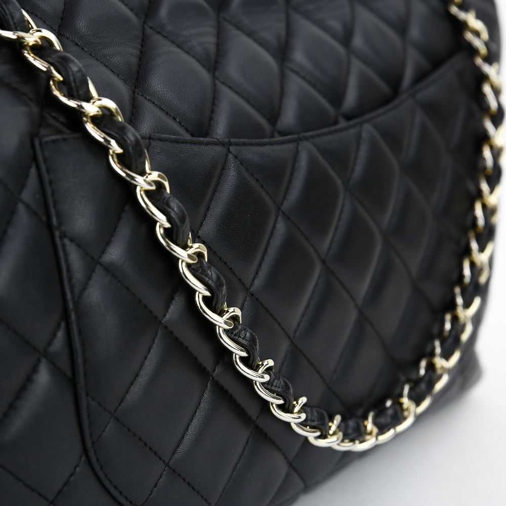 chain view of Chanel Black Lambskin Single Flap Maxi Handbag
