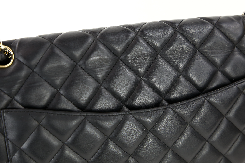 back crease vie of Chanel Black Lambskin Single Flap Maxi Handbag