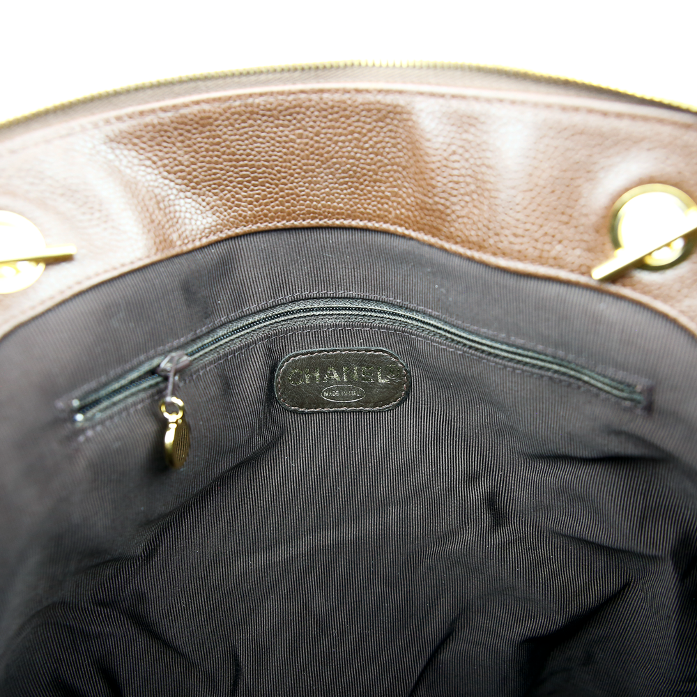interior zip view of Chanel Vintage Brown Caviar Triple C Shoulder Bag