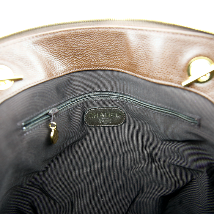interior zip view of Chanel Vintage Brown Caviar Triple C Shoulder Bag