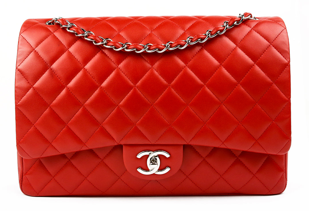 Chanel Red Quilted Lambskin Maxi Double Flap Shoulder Bag