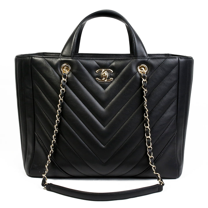 Chanel Black Lambskin Chevron Quilted Leather Large Tote