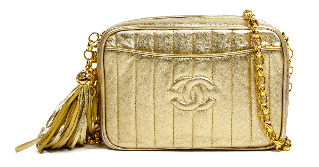 Chanel Gold Metallic Leather Vintage Tassel Camera Bag