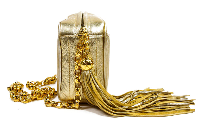 Chanel Gold Metallic Leather Vintage Tassel Camera Bag