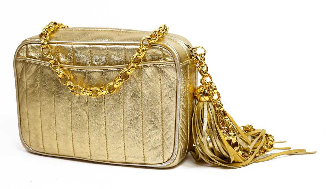 Chanel Gold Metallic Leather Vintage Tassel Camera Bag