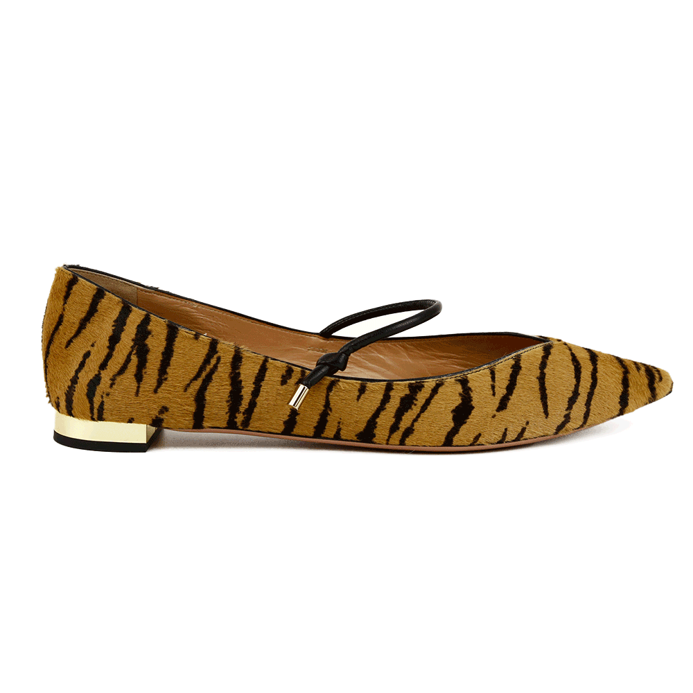side view of Aquazzura Calf Hair Tiger Print Pointed Toe Flats