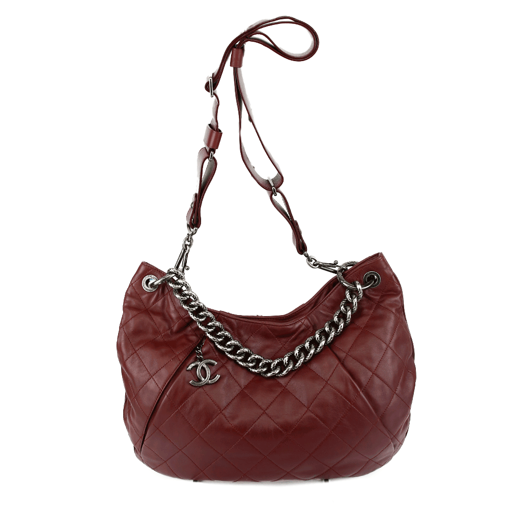 front view of Chanel Coco Pleats Burgundy Leather Hobo Bag