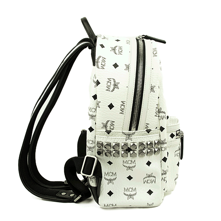 Side view of MCM White Visetos Coated Canvas Stark Backpack