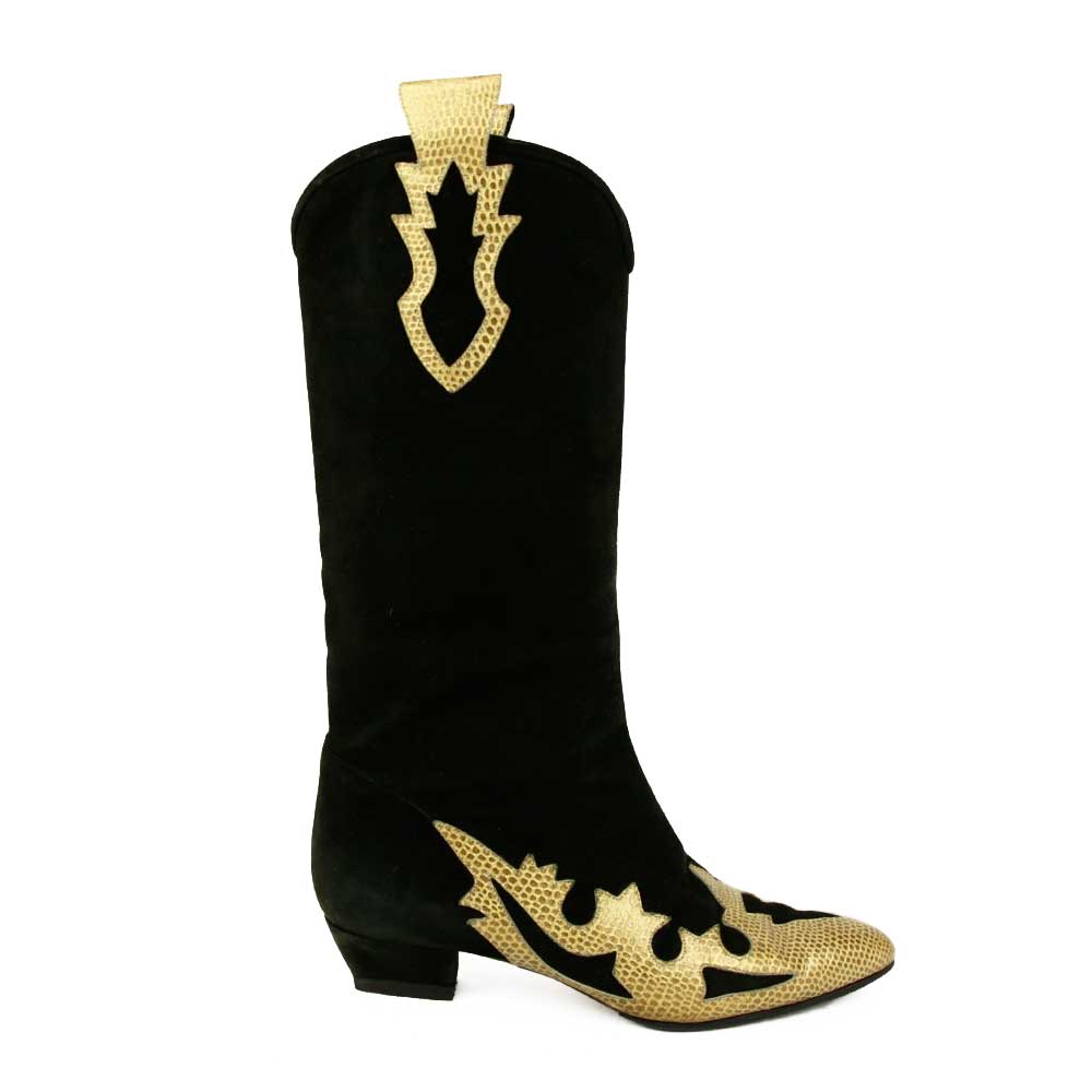 side view of Escada Black Suede & Gold Snake Trim Boots