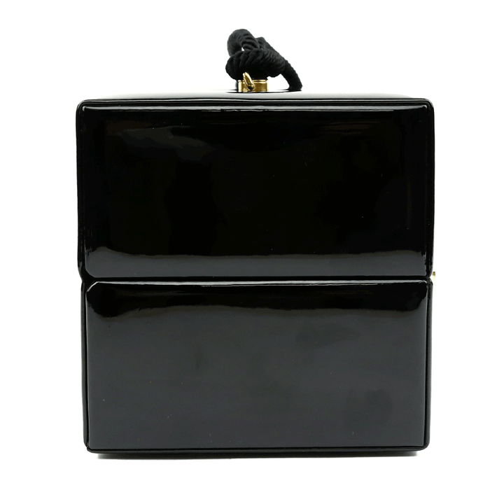 side view of Saint Laurent Black Patent Jerry Cube Box Clutch