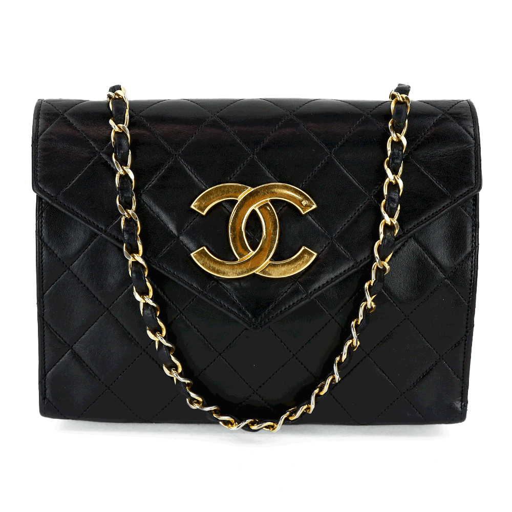 front view of Chanel Vintage Black Quilted Envelope Flap Bag