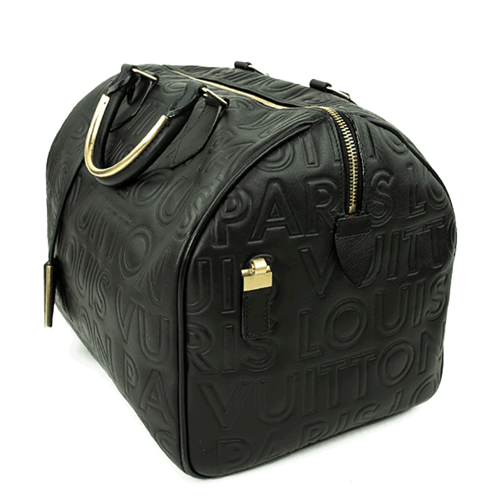 Side view of Louis Vuitton Speedy Cube 30 Black Calfskin Embossed Leather Satchel