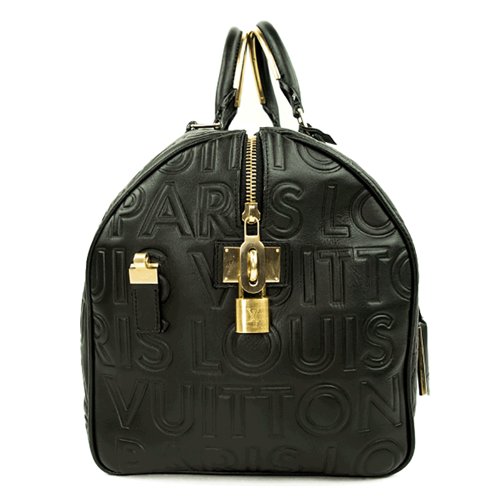 Side view of Louis Vuitton Speedy Cube 30 Black Calfskin Embossed Leather Satchel