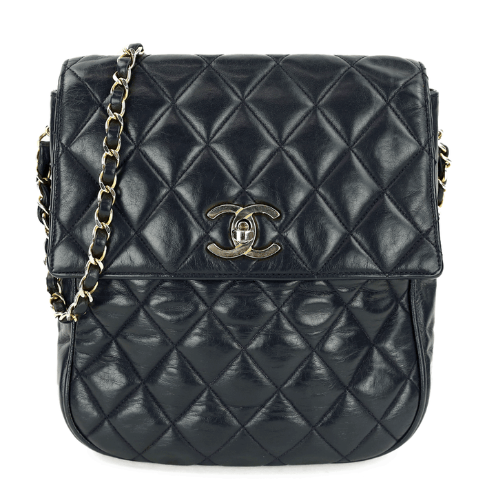 front view of Chanel Vintage Navy Quilted Lambskin Crossbody Bag